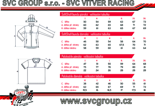 Tabulka velikostí-SVC Vitver racing kolekce-tažné zařízení
