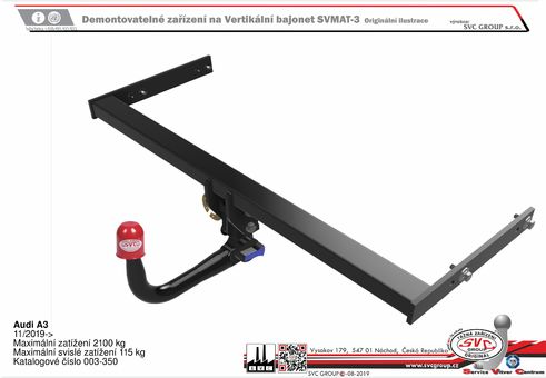 Audi A3
11/2019->
Maximální zatížení 2100 kg
Maximální svislé zatížení 115 kg
Katalogové číslo 003-350