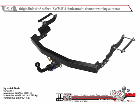 Hyundai Staria
09/2021->
Maximální zatížení 2000 kg
Maximální svislé zatížení 120 kg
Katalogové číslo 004-527