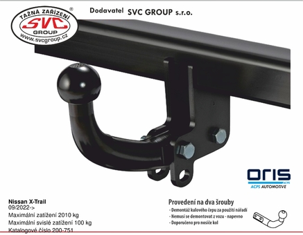 Nissan X-Trail
09/2022->
Maximální zatížení 2010 kg
Maximální svislé zatížení 100 kg
Katalogové číslo 200-751