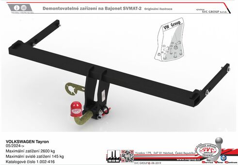 VOLKSWAGEN Tayron
05/2024->
Maximální zatížení 2600 kg
Maximální svislé zatížení 145 kg
Katalogové číslo 1.002-416