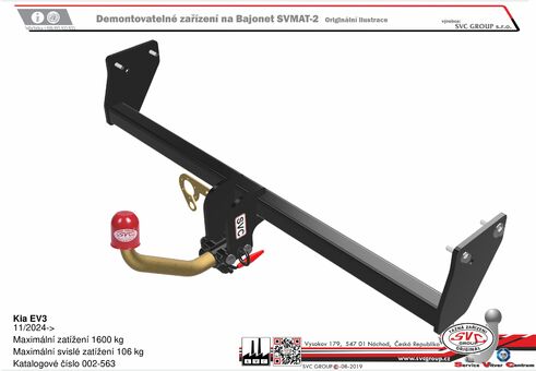 Kia EV3
11/2024->
Maximální zatížení 1600 kg
Maximální svislé zatížení 106 kg
Katalogové číslo 002-563
