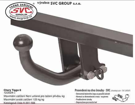 Chery Tiggo 8
12/2024->
Maximální zatížení Není určené pro tažení přívěsu
Maximální svislé zatížení 125 kg
Katalogové číslo K.001-566