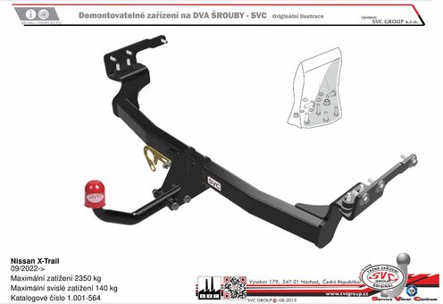 Nissan X-Trail
09/2022->
Maximální zatížení 2350 kg
Maximální svislé zatížení 140 kg
Katalogové číslo 1.001-564
