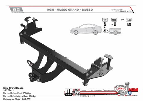 KGM Grand Musso
10/2024->
Maximální zatížení 3500 kg
Maximální svislé zatížení 180 kg
Katalogové číslo 1.004-537