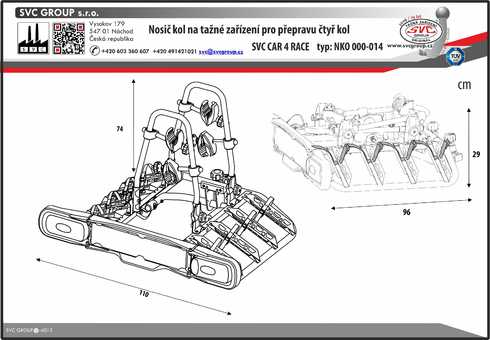 Levný SVC CAR 4 Race nosič  čtyř kol pro použití na tažném zařízení v pohotovostním stavu. Od výrobce tažných zařízení SVC Group 