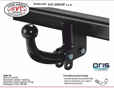 Audi A3
2/2013->4/2016
Maximální zatížení 1600 kg
Maximální svislé zatížení 75 kg
Katalogové číslo 035-651