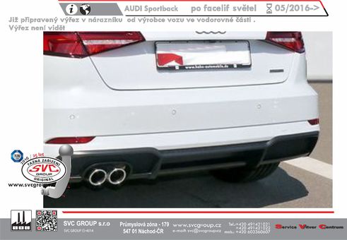 Tažné zařízení Audi A3 Sportback () (ne RS3 / S3 Sport Quattro) (ne CNG) (ne Hybrid - Petrol)8VA / 8VF
Maximální zatížení 75 kg
Maximální svislé zatížení bottom kg
Katalogové číslo 040-661