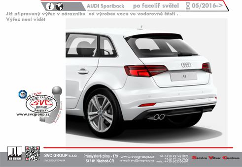 Tažné zařízení Audi A3 Sportback  r.v. 03/ 2012 ->
Maximální zatížení 75 kg
Maximální svislé zatížení bottom kg
Katalogové číslo 051-393