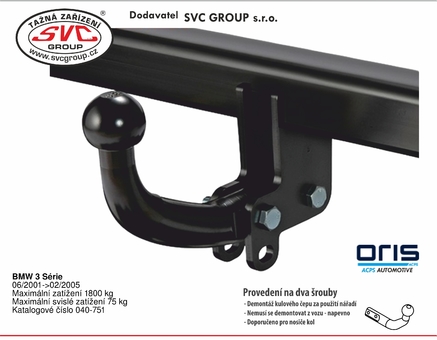 Tažné zařízení BMW 3-Serie  (E46) (vč. 4×4) (ne M - nárazník)E46 E46
Maximální zatížení 75 kg
Maximální svislé zatížení bottom kg
Katalogové číslo 040-751