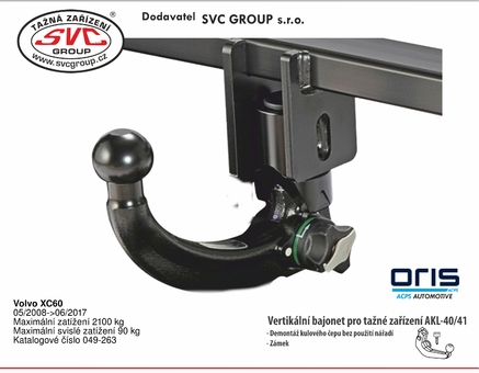 Tažné zařízení Volvo XC60 
Maximální zatížení 90 kg
Maximální svislé zatížení bottom kg
Katalogové číslo 049-263