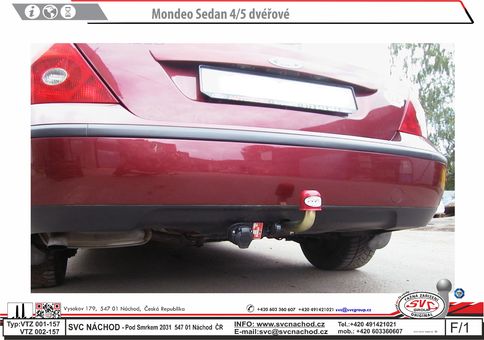 Tažné zařízení Ford Mondeo sedan 2000-2007
Maximální zatížení 75 kg
Maximální svislé zatížení bottom kg
Katalogové číslo 002-157
