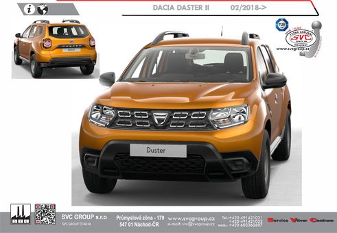 Tažné zařízení Dacia Duster
Maximální zatížení 75 kg
Maximální svislé zatížení bottom kg
Katalogové číslo 002-275