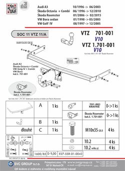 Tažné zařízení VW Golf IV
Maximální zatížení 85 kg
Maximální svislé zatížení bottom kg
Katalogové číslo 701-001