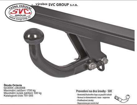 Tažné zařízení Octavia Combi II 2004-2008
Maximální zatížení 100 kg
Maximální svislé zatížení bottom kg
Katalogové číslo 701-005