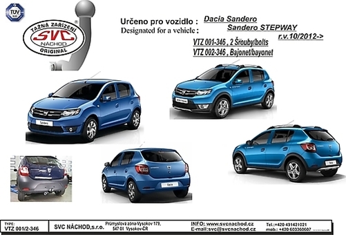 Tažné zařízení Sandero + Stepway  I pro vozy STEPWAY a LPG/CNG
Maximální zatížení 75 kg
Maximální svislé zatížení bottom kg
Katalogové číslo 001-346