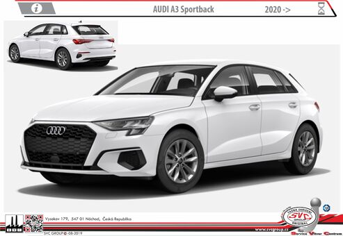 Audi A3 Sportback
G-Tron, S3/RS3, 5-Dveřový typ vozu
Kód vozu: 8YA
Rok výroby: 08/2023->
Výrobce tažných zařízení SVC GROUP
